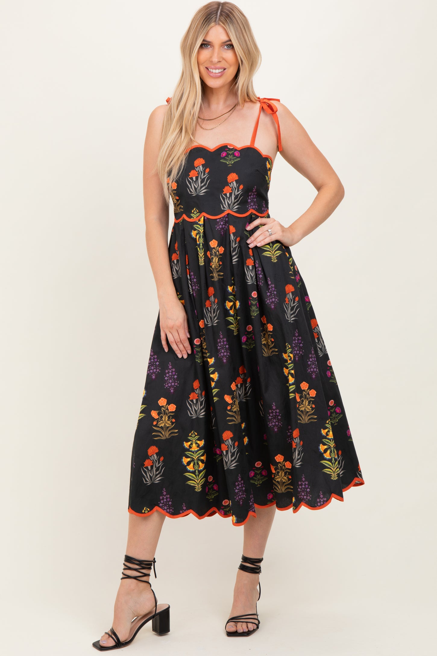 Black Floral Scallop Edge Shoulder Tie Midi Dress