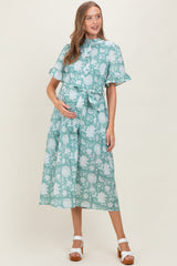 Light Olive Floral Ruffle Button Up Neckline Maternity Midi Dress