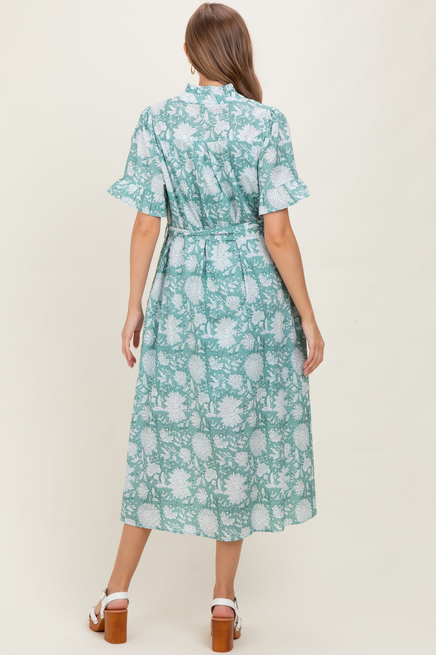 Light Olive Floral Ruffle Button Up Neckline Maternity Midi Dress