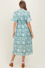 Light Olive Floral Ruffle Button Up Neckline Maternity Midi Dress