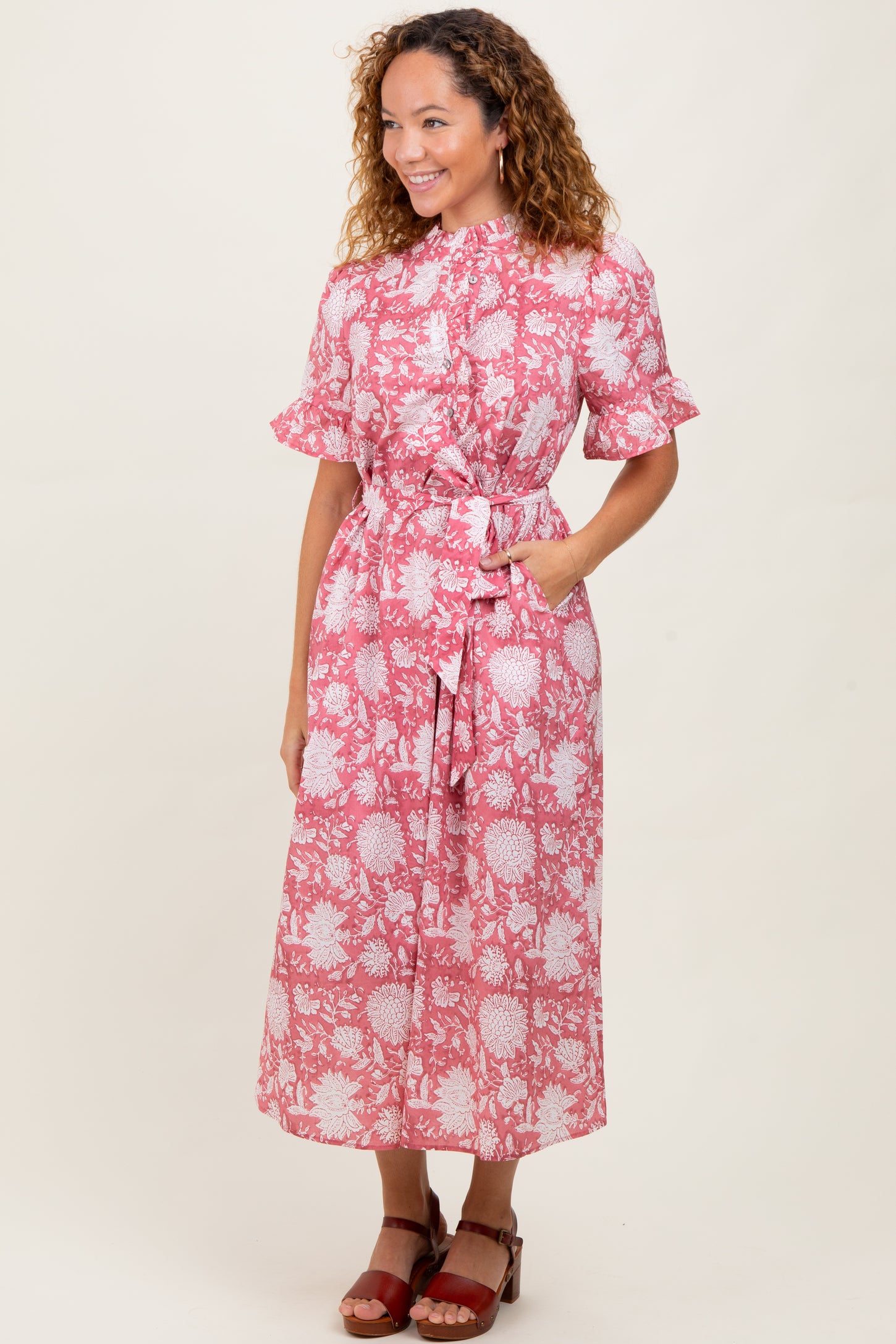 Pink Floral Ruffle Button Up Neckline Maternity Midi Dress