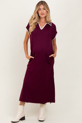 Burgundy Collared Stitch Detail Short Sleeve Maternity Midi Dress