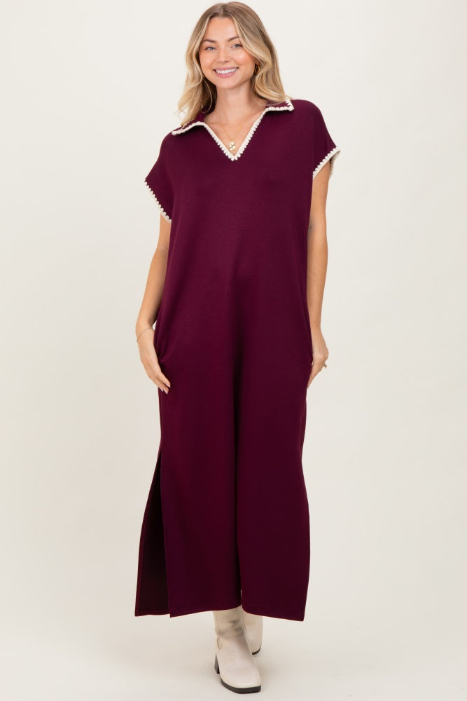 Burgundy Collared Stitch Detail Short Sleeve Midi Dress