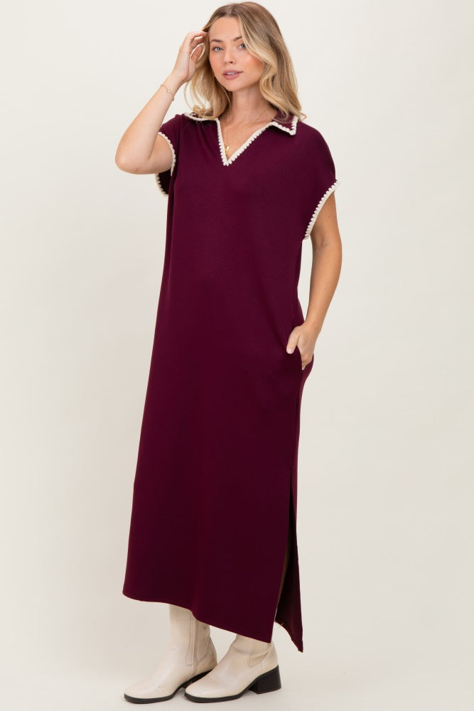 Burgundy Collared Stitch Detail Short Sleeve Midi Dress