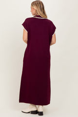 Burgundy Collared Stitch Detail Short Sleeve Midi Dress