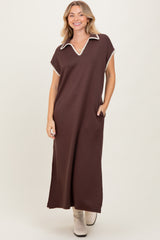 Brown Collared Stitch Detail Short Sleeve Midi Dress
