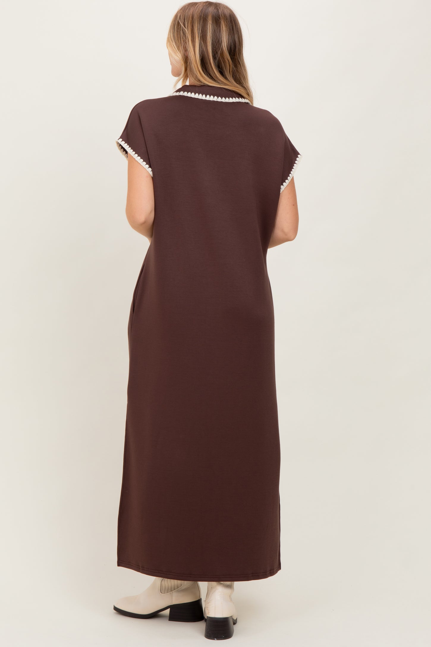 Brown Collared Stitch Detail Short Sleeve Midi Dress
