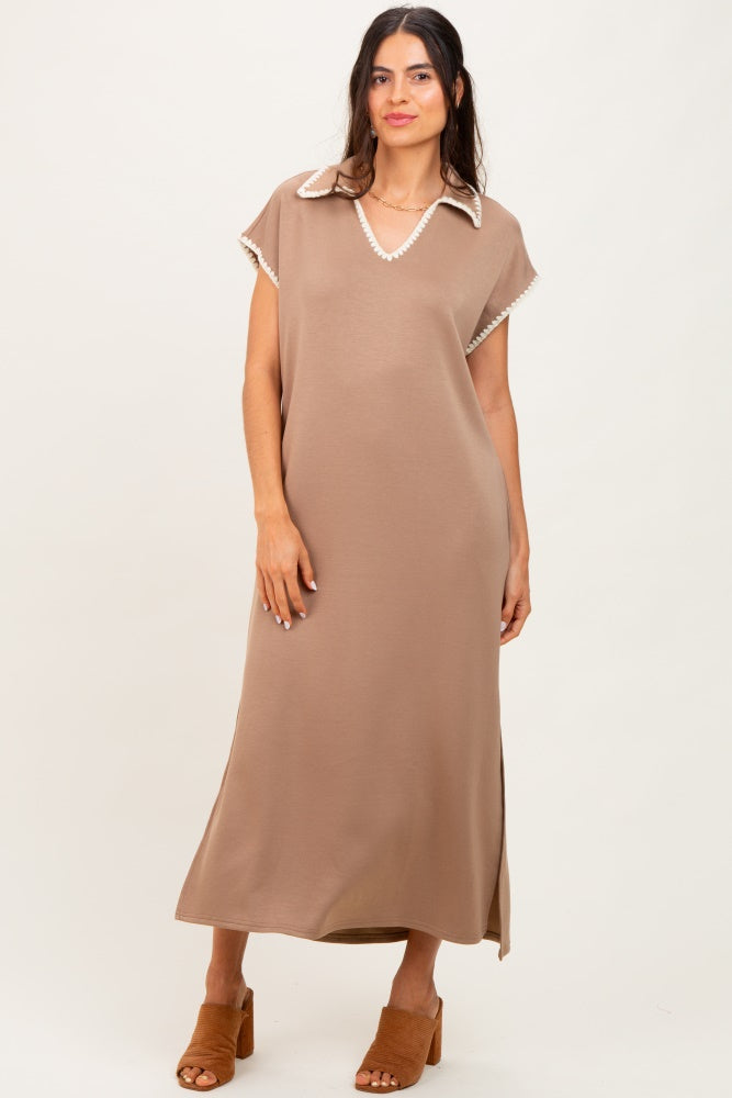 Mocha Collared Stitch Detail Short Sleeve Midi Dress