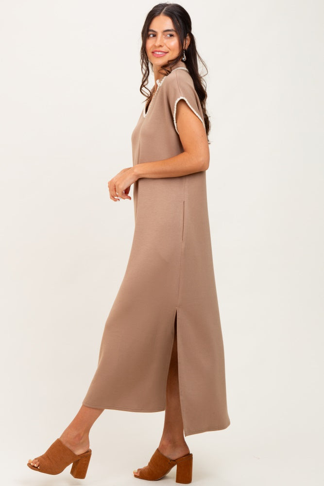Mocha Collared Stitch Detail Short Sleeve Midi Dress
