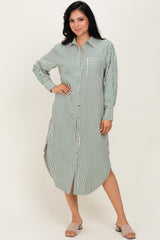 Forest Green Textured Stripe Button Down Shirt Dress