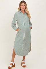 Forest Green Textured Stripe Button Down Maternity Shirt Dress