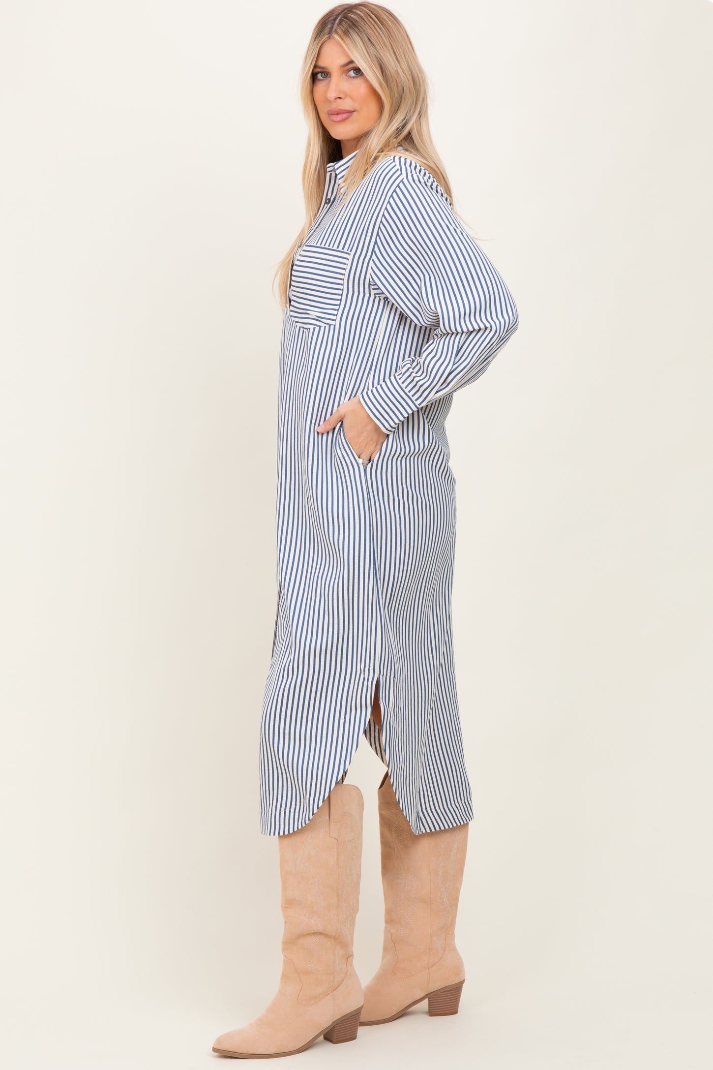 Navy Textured Stripe Button Down Shirt Dress