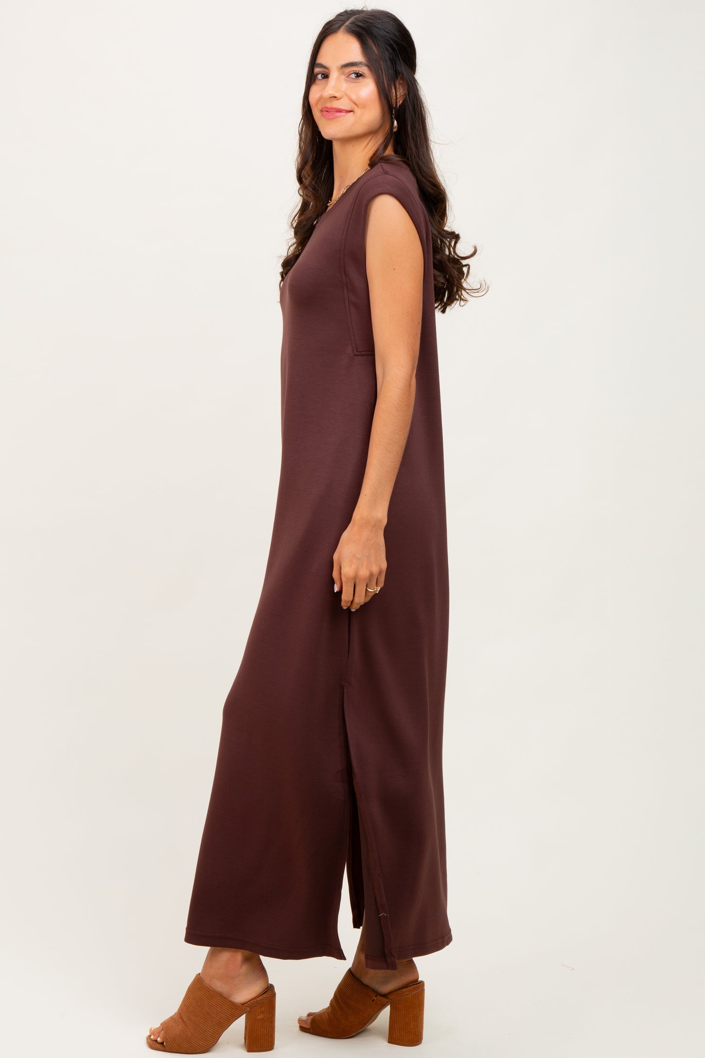Brown Sleeveless Side Slit Midi Dress