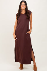 Brown Sleeveless Side Slit Maternity Midi Dress