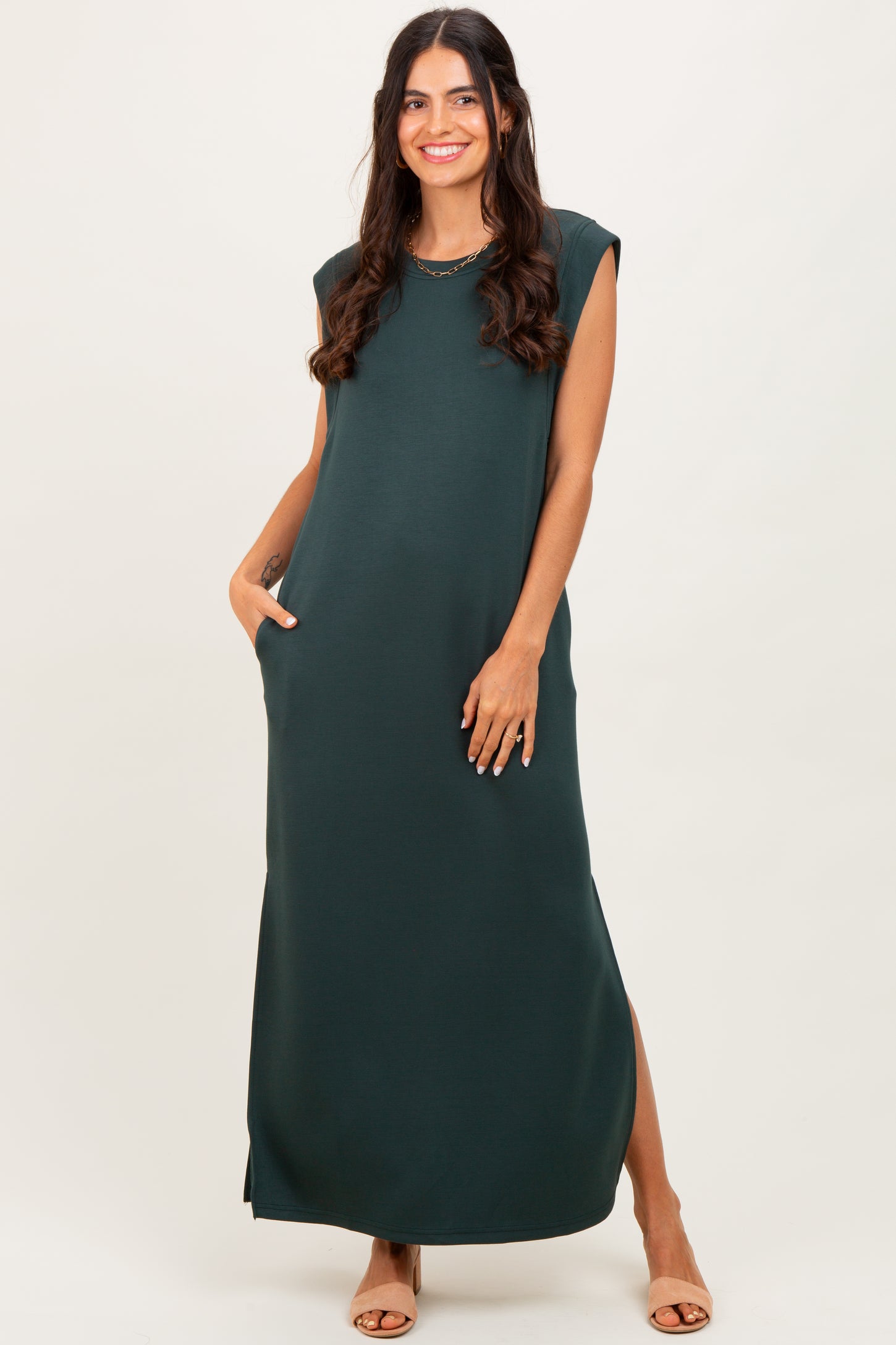 Forest Green Sleeveless Side Slit Maternity Midi Dress