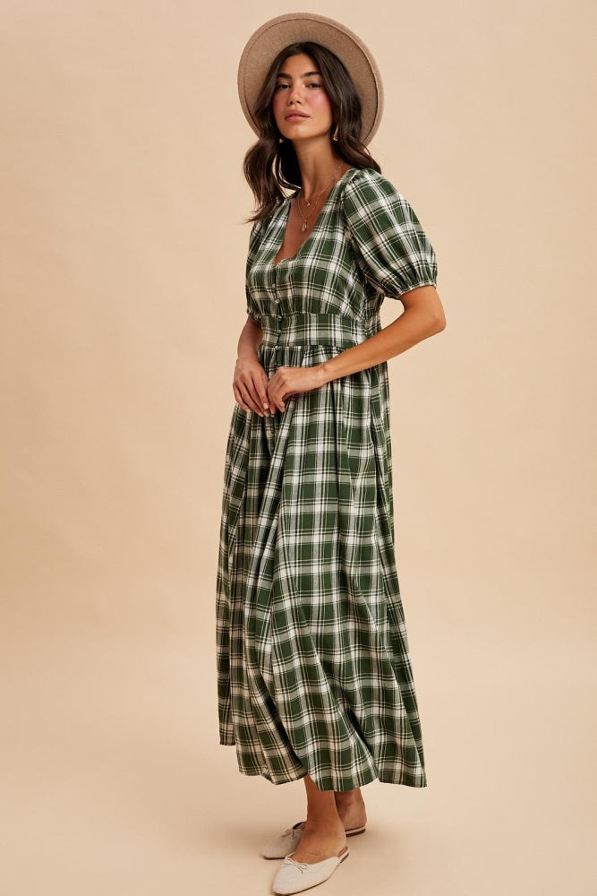 Forest Green Plaid Button Down Maxi Dress
