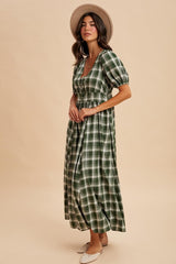 Forest Green Plaid Button Down Maxi Dress