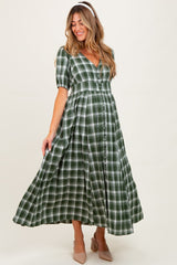 Forest Green Plaid Button Down Maternity Maxi Dress