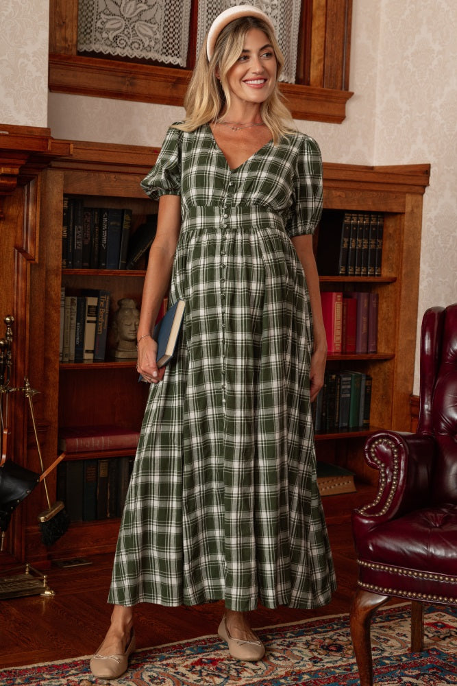Forest Green Plaid Button Down Maternity Maxi Dress