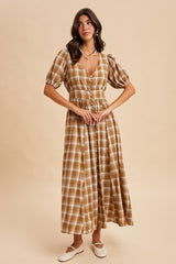 Camel Plaid Button Down Maxi Dress