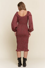 Burgundy Plaid Long Sleeve Bodycon Midi Dress