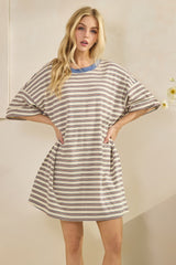 Cream Stripe Knit Short Sleeve T-Shirt Dress