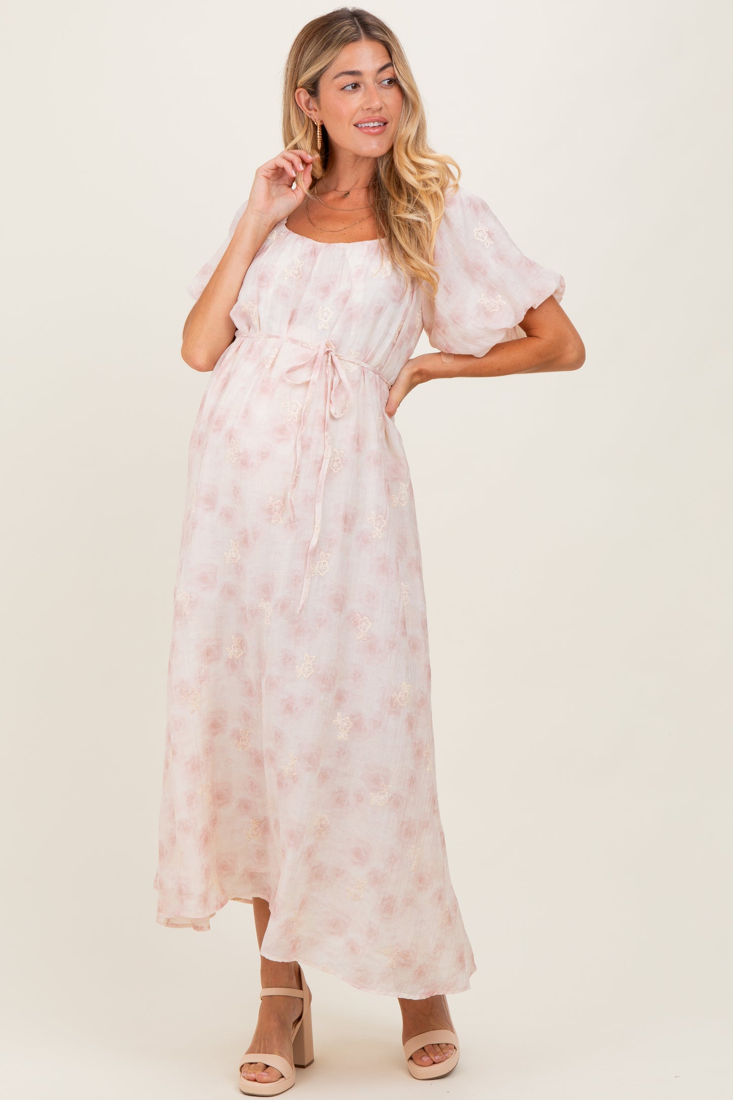 Ivory Floral Embroidered Puffed Sleeve Maternity Midi Dress