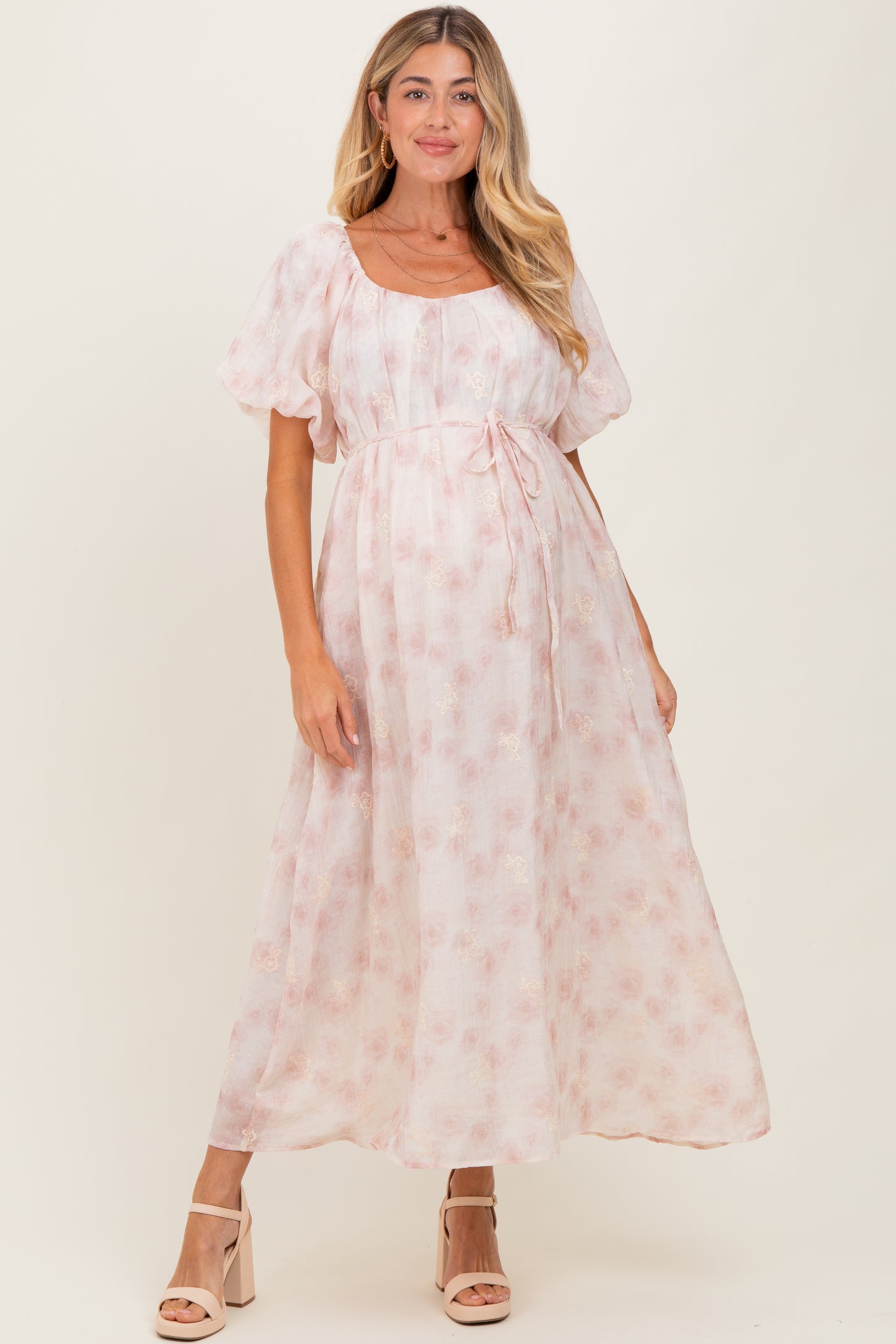Ivory Floral Embroidered Puffed Sleeve Maternity Midi Dress