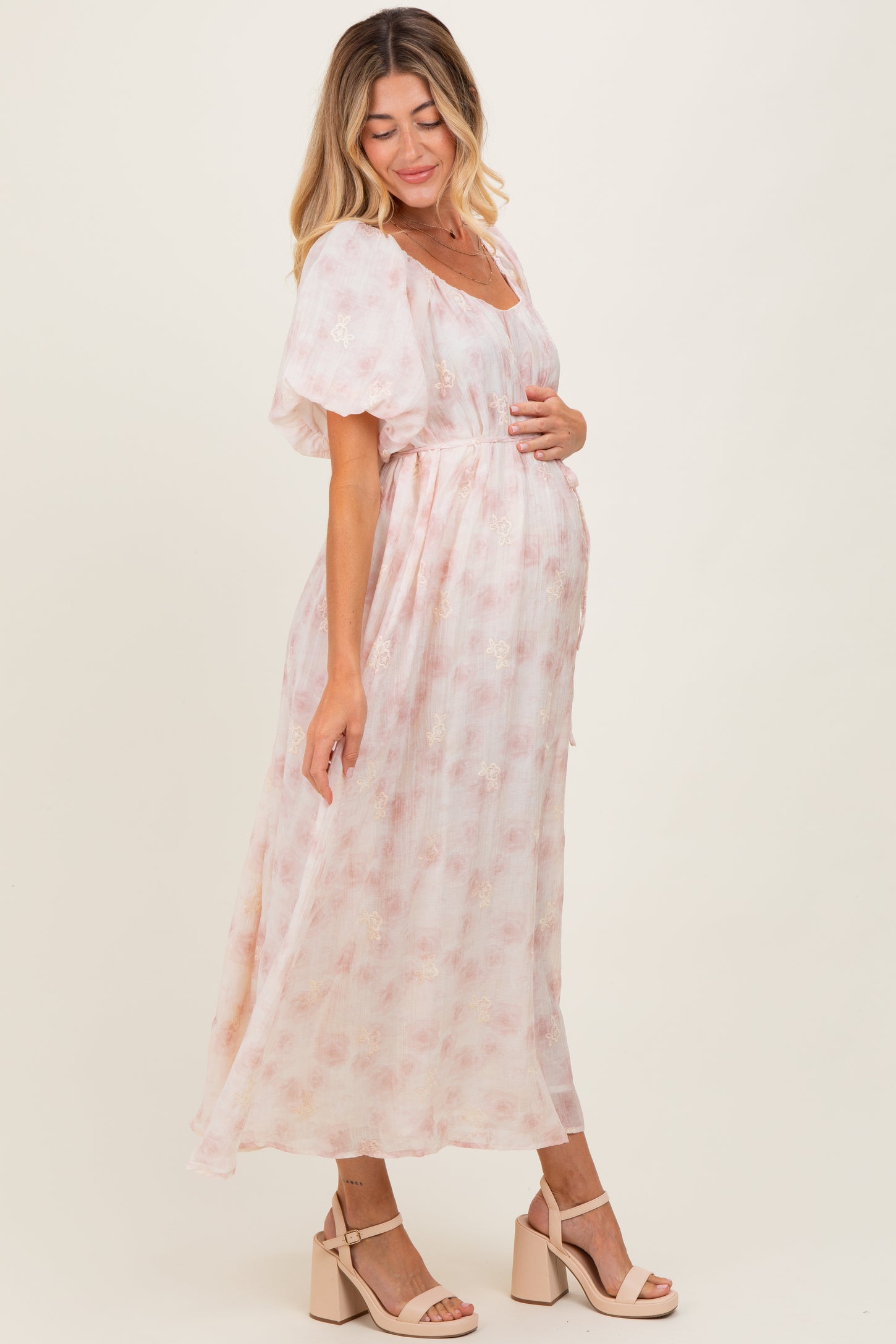 Ivory Floral Embroidered Puffed Sleeve Maternity Midi Dress