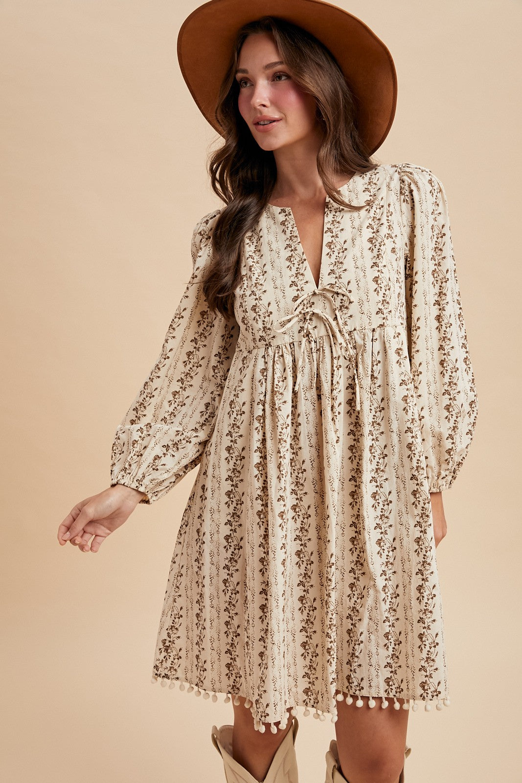 Brown Floral Pom Accent Hem Long Sleeve Dress