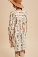Brown Floral Pom Accent Hem Long Sleeve Dress
