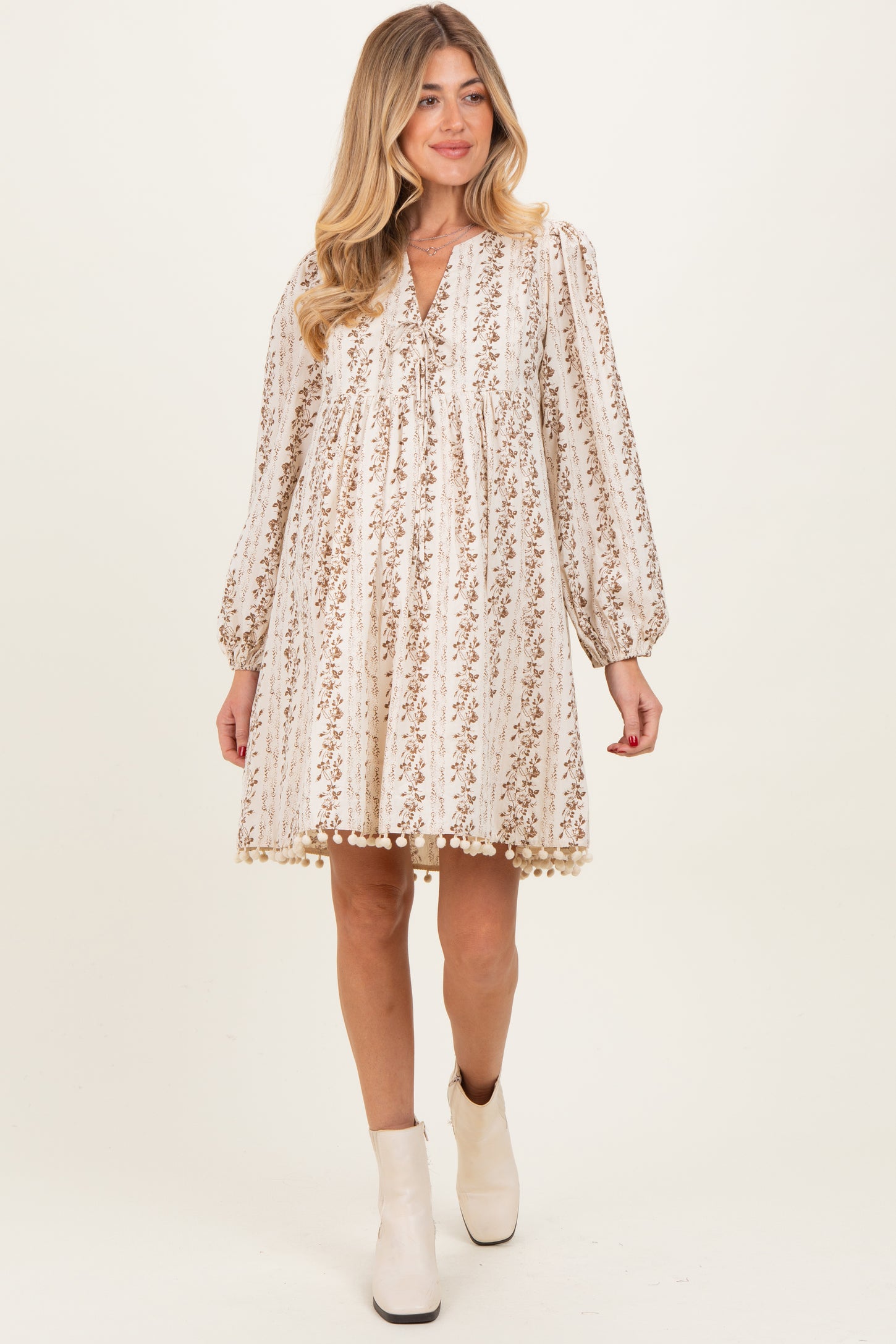 Brown Floral Pom Accent Hem Long Sleeve Maternity Dress