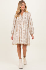 Brown Floral Pom Accent Hem Long Sleeve Maternity Dress