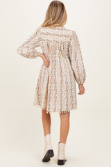 Brown Floral Pom Accent Hem Long Sleeve Maternity Dress