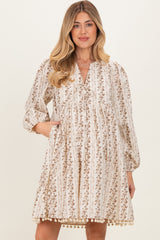 Brown Floral Pom Accent Hem Long Sleeve Maternity Dress