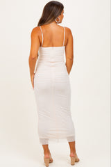 Cream Mesh Ruched Sleeveless Maternity Midi Dress
