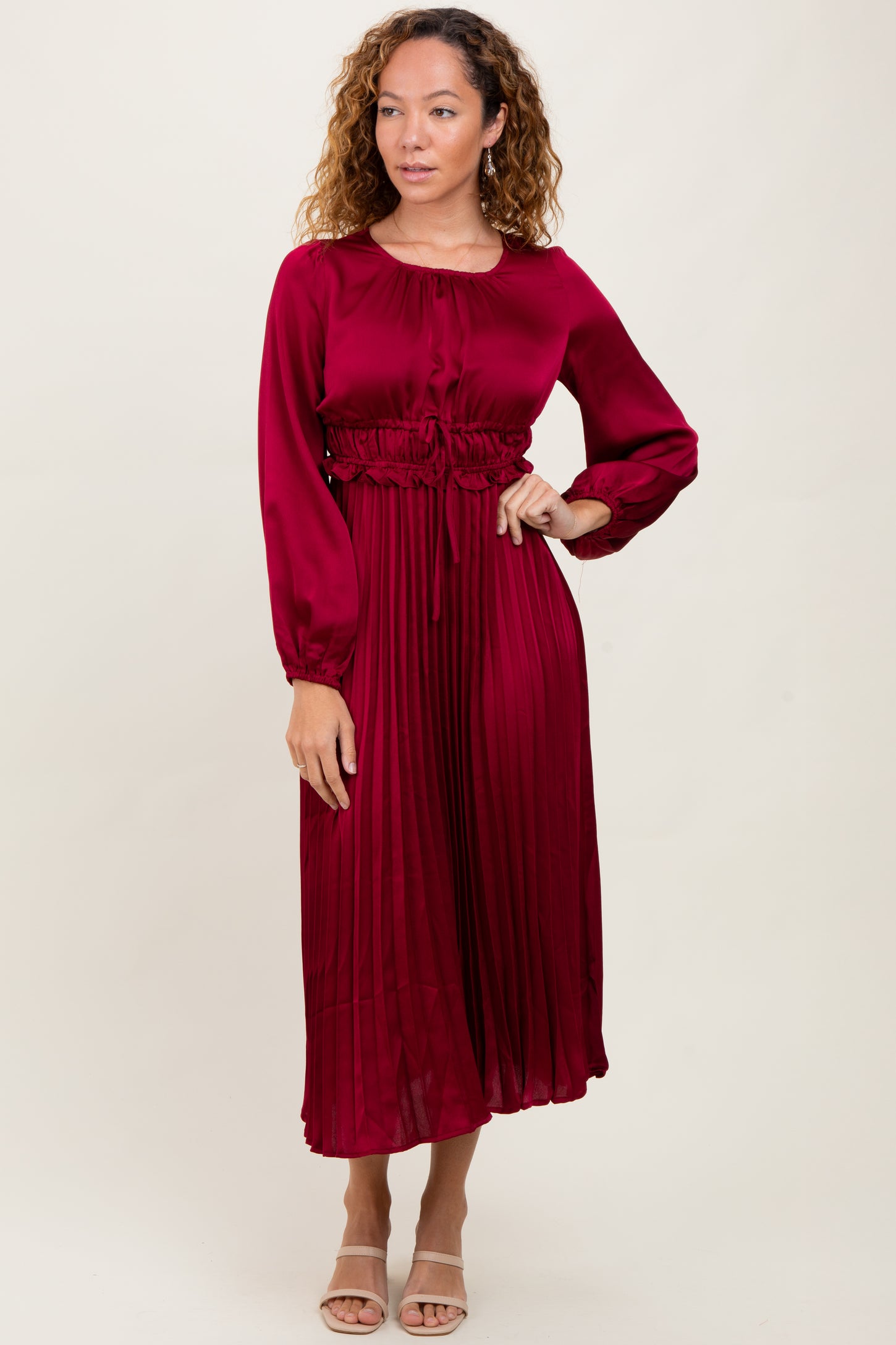 Burgundy Pleated Satin Smocked Waist Midi Dress