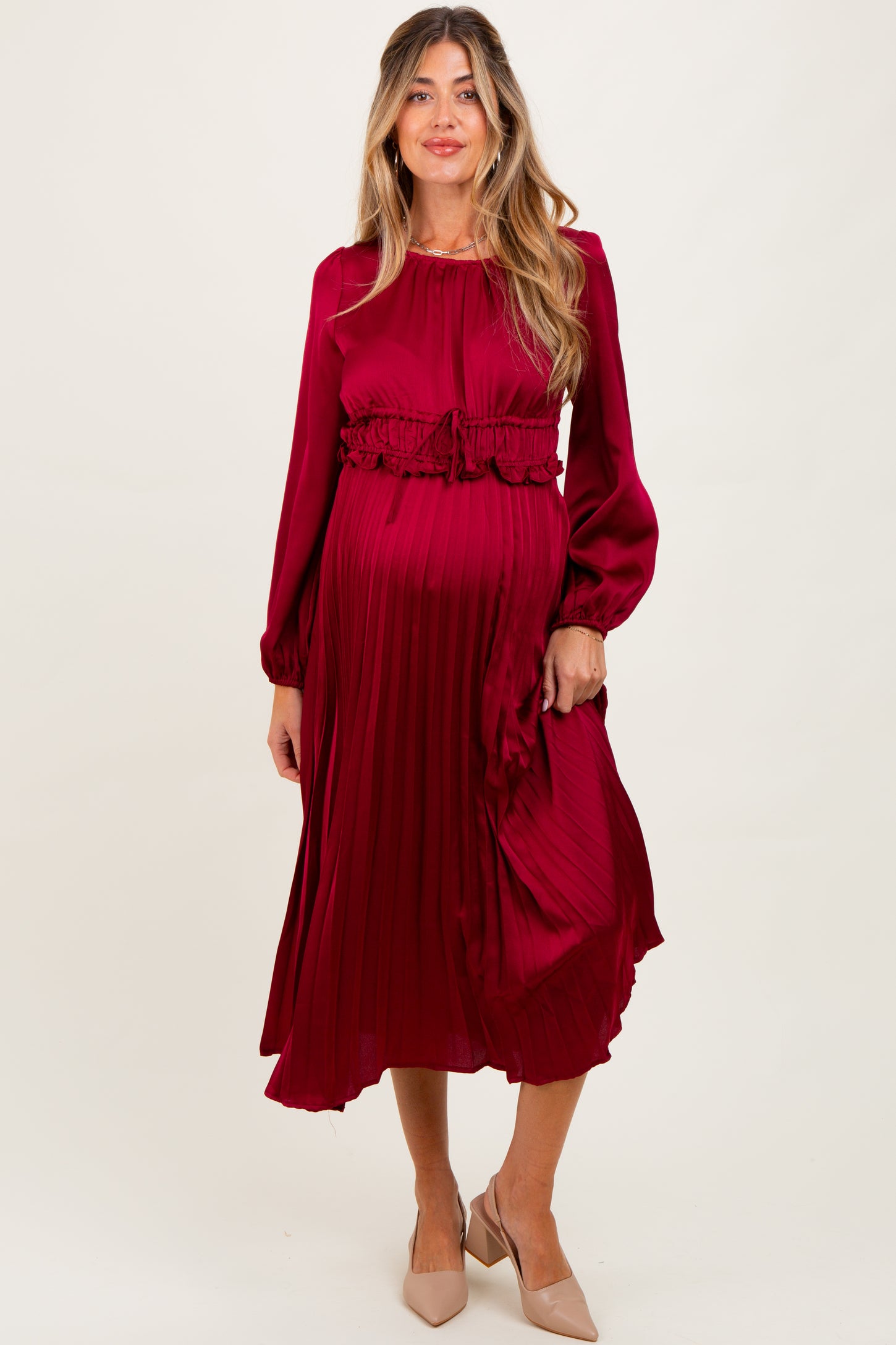 Burgundy Pleated Satin Smocked Waist Maternity Midi Dress