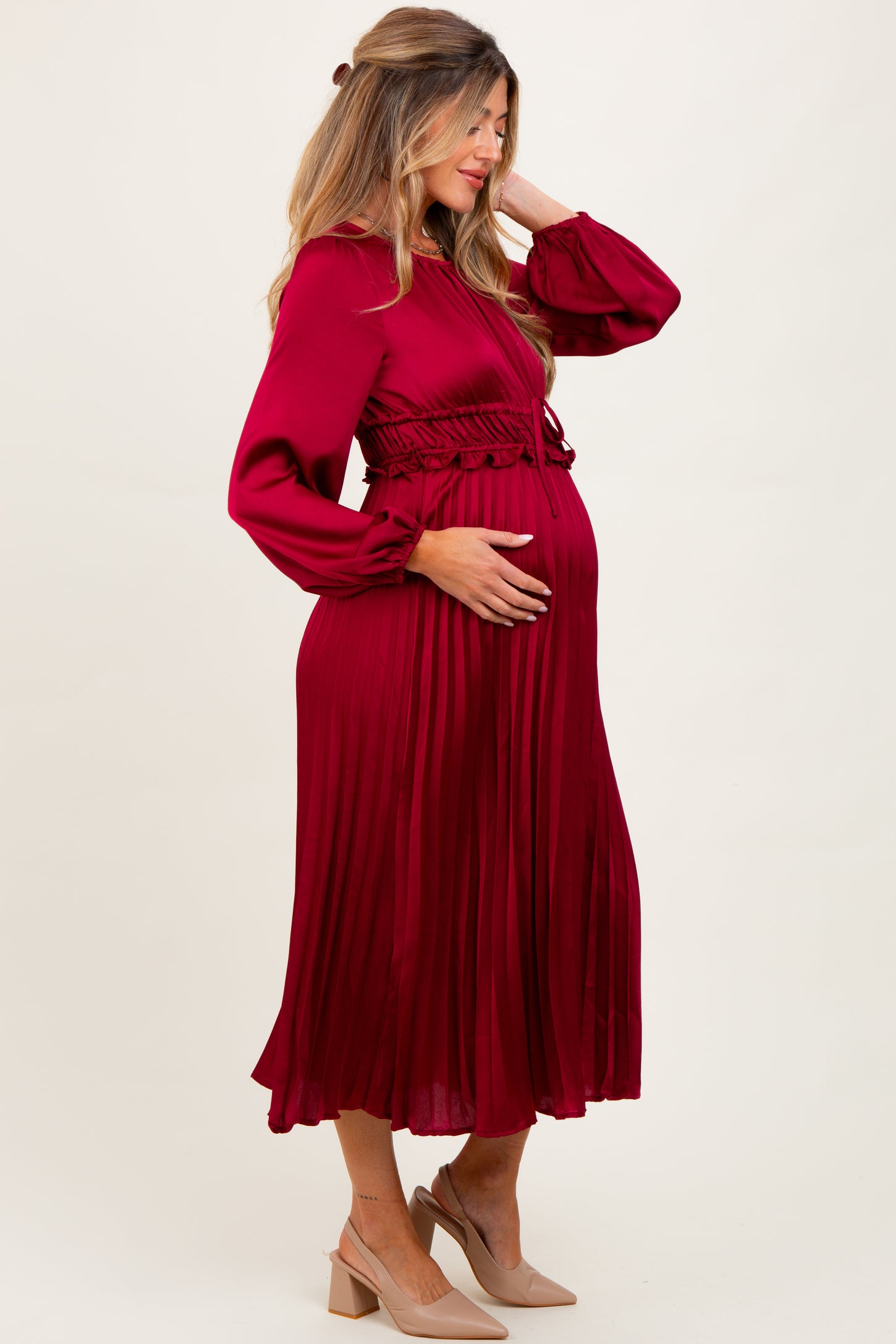 Burgundy Pleated Satin Smocked Waist Maternity Midi Dress