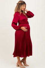 Burgundy Pleated Satin Smocked Waist Maternity Midi Dress