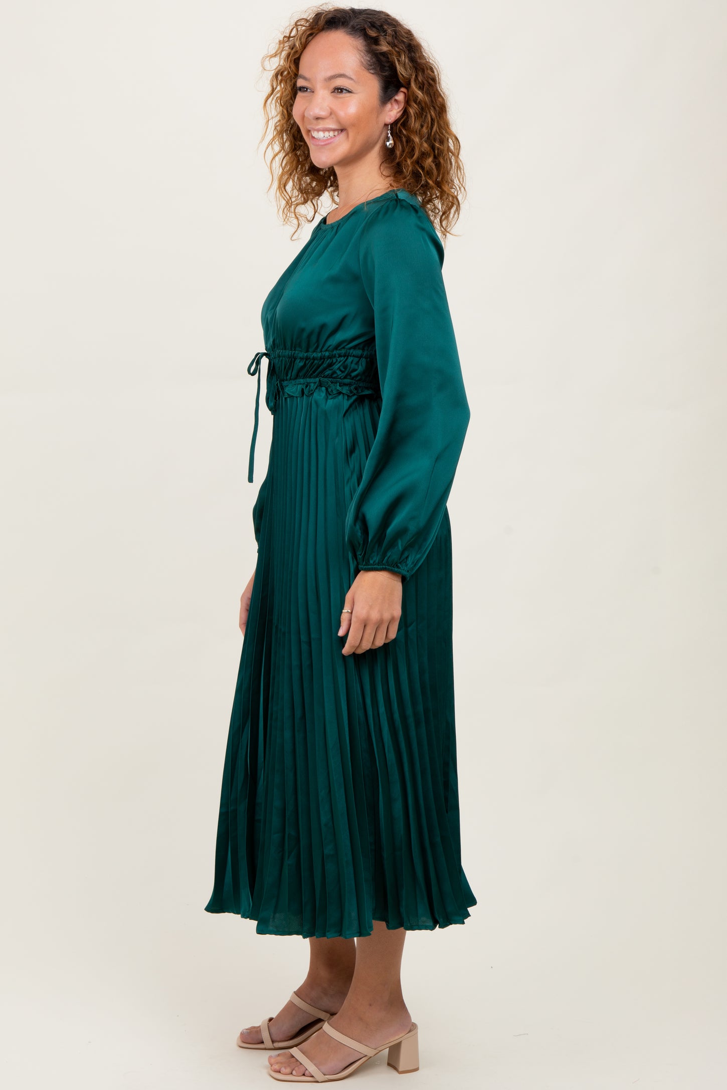 Forest Green Pleated Satin Smocked Waist Midi Dress