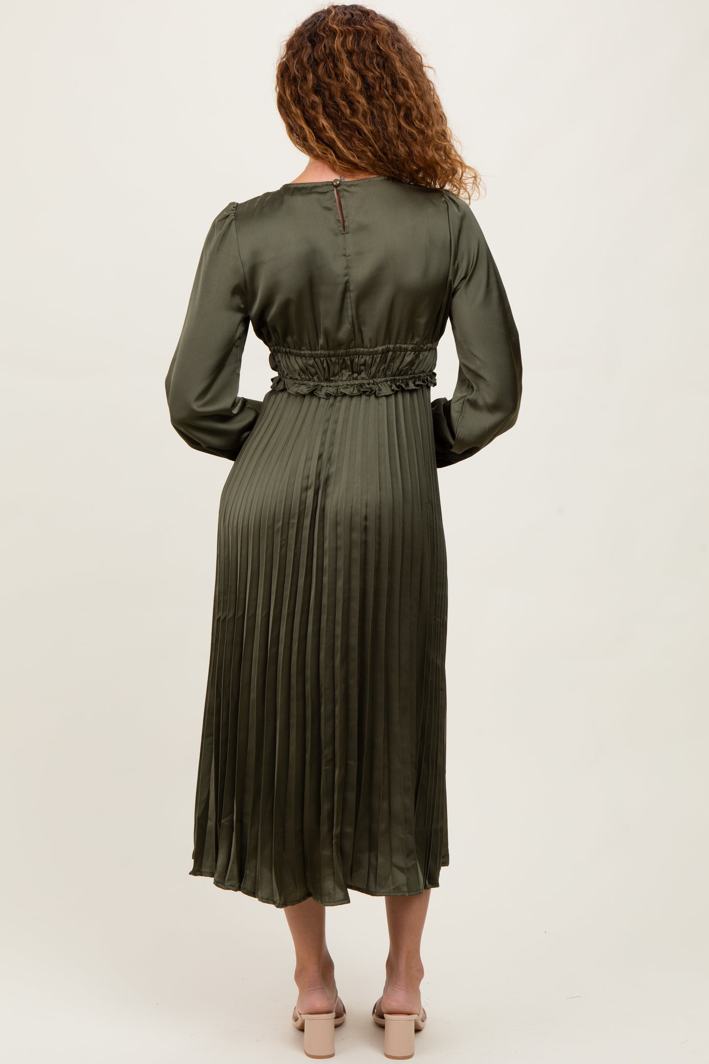 Olive Pleated Satin Smocked Waist Midi Dress