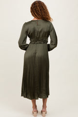 Olive Pleated Satin Smocked Waist Midi Dress