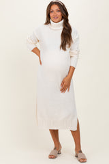Cream Turtleneck Chunky Knit Maternity Midi Sweater Dress