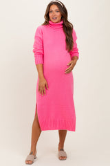 Pink Turtleneck Chunky Knit Maternity Midi Sweater Dress