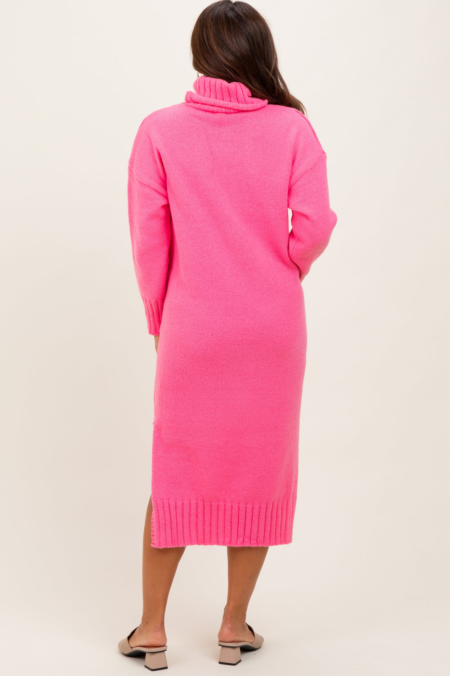 Pink Turtleneck Chunky Knit Maternity Midi Sweater Dress