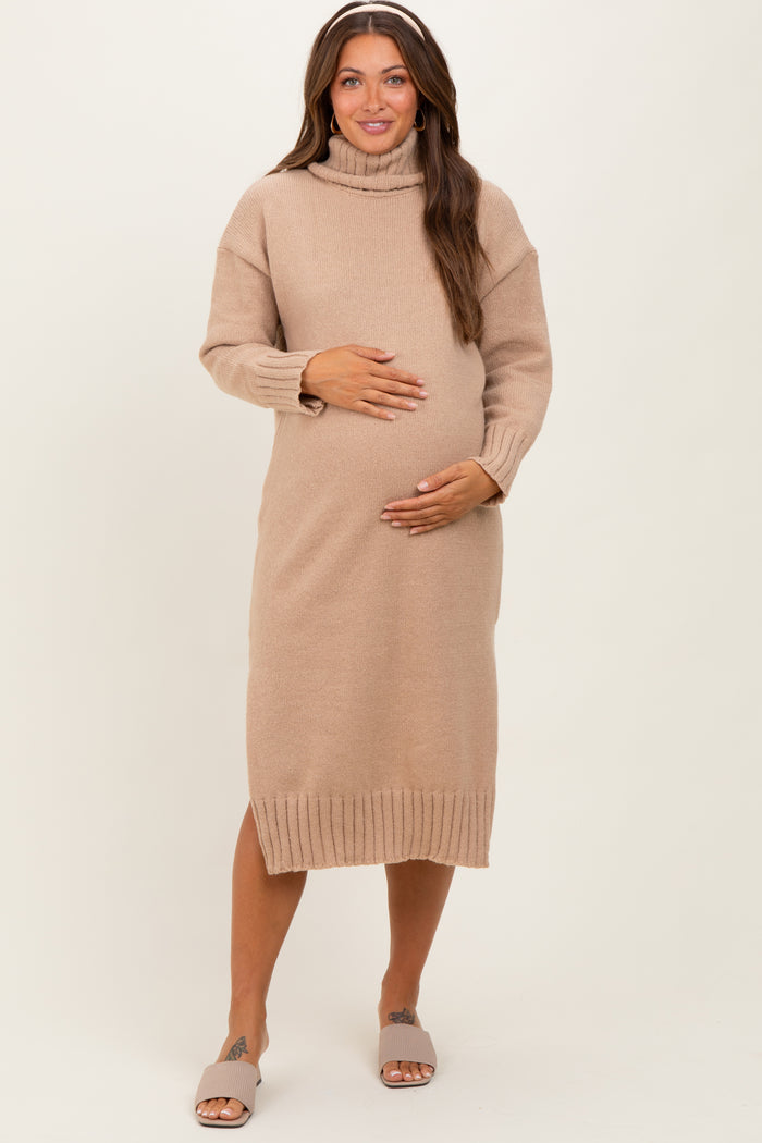 Camel Turtleneck Chunky Knit Maternity Midi Sweater Dress