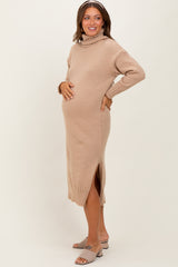 Camel Turtleneck Chunky Knit Maternity Midi Sweater Dress