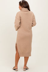 Camel Turtleneck Chunky Knit Maternity Midi Sweater Dress