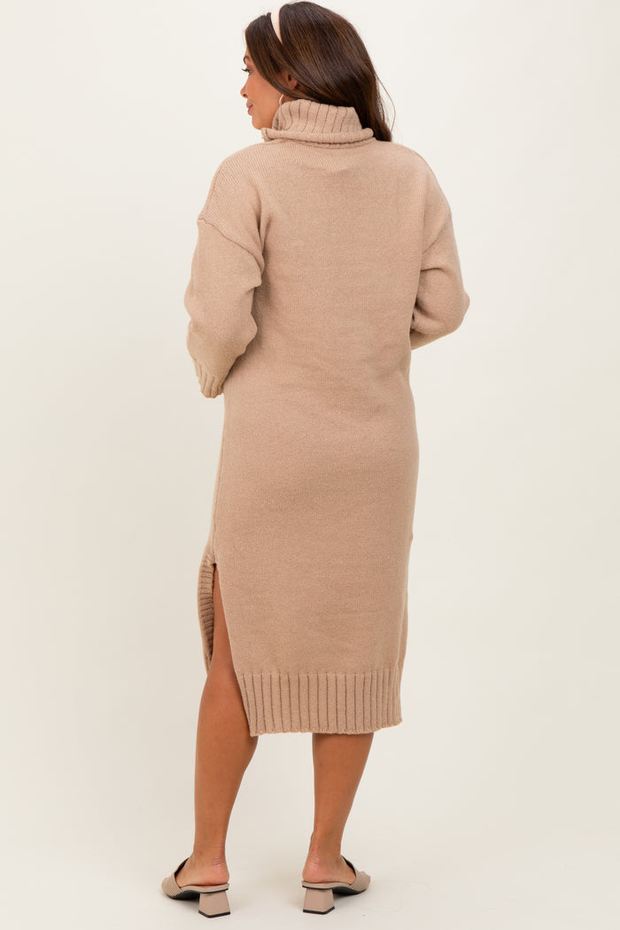 Camel Turtleneck Chunky Knit Maternity Midi Sweater Dress